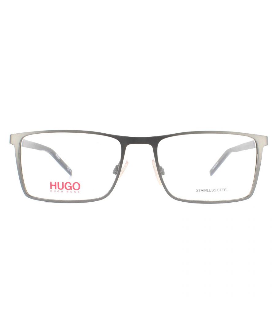 Hugo by Hugo Boss Glasses Frames HG 1056 R80 Semi Matte Dark Ruthenium Men  are a class rectangular style crafted from metal and plastic. Adjustable nose pads and plastic temples ensure comfort and feature the HUGO logo.