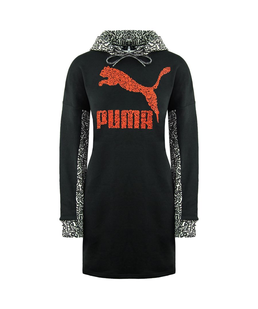 Puma x Mr. Doodle Long Sleeve Pullover Black Womens Hooded Jumper Dress 598686 01