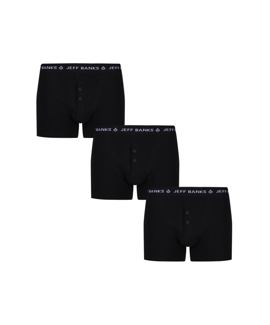 Give your underwear an update with these Jeff Banks two-button fly boxers. Snug and form-fitting in soft, cotton rich stretch jersey, these three pairs of underwear have the London designer’s stylish branding on smooth, brushed feel waistbands and are made with flat body seams, for extra comfort.