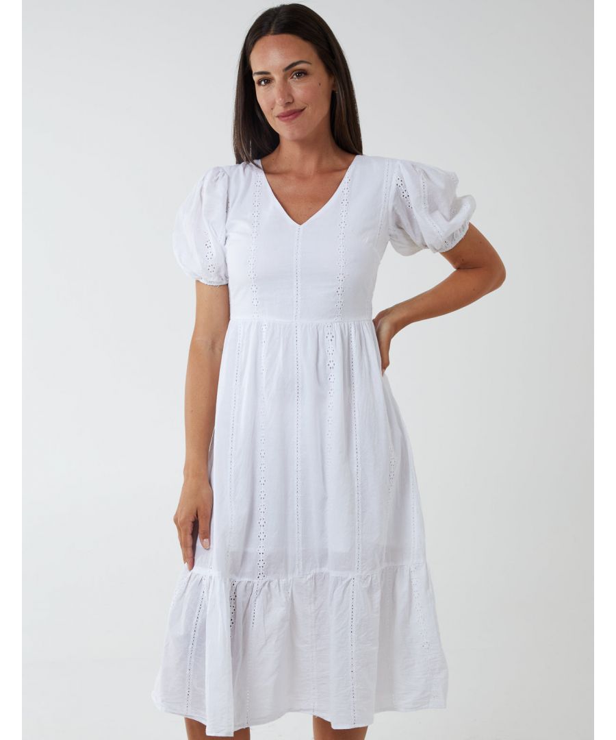 Introducing our V Neck Lace Up Midi Dress. Its flattering shape will make this dress appear that it tailored made just for you. Style with white high heel shoes. \n100% Cotton Machine washable V necklineShort Sleeve UnfastenedApprox length 83 cm Model wears a size 8Model height 179cm/ 5€™10