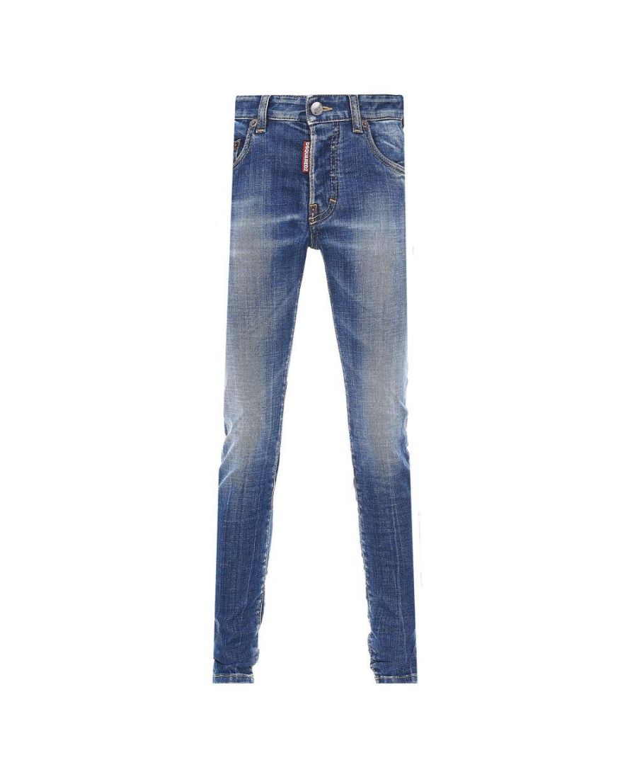 These Kids Navy faded Skinny Jeans from Dsquared2 are crafted from stretch cotton and feature a mid rise, faded effect, belt loops, skinny cut, classic five pockets and logo patch to rear.\n \n\nblue\nstretch cotton\nfaded effect\nmid-rise\nbelt loops\nfront button and zip fastening\nclassic five pockets\nskinny cut