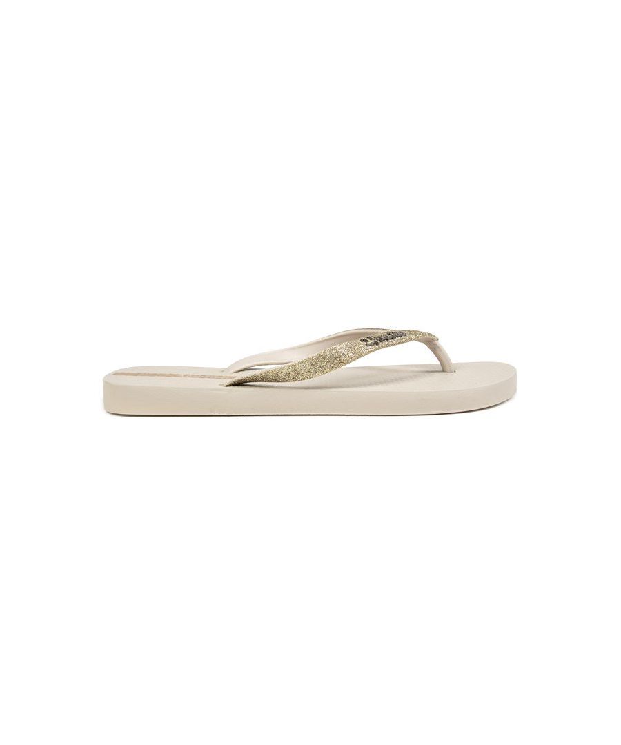 Women's Ivory Ipanema Lolita Glitter Vegan Friendly And 100% Recyclable Flip Flops, Featuring A Gold Glitter Thong Strap With Branding And Printed Footbed. These ladies' Sandals Are Designed And Made In Brazil With Eco-friendly Materials, Are Water Friendly With A Rubber Sole.