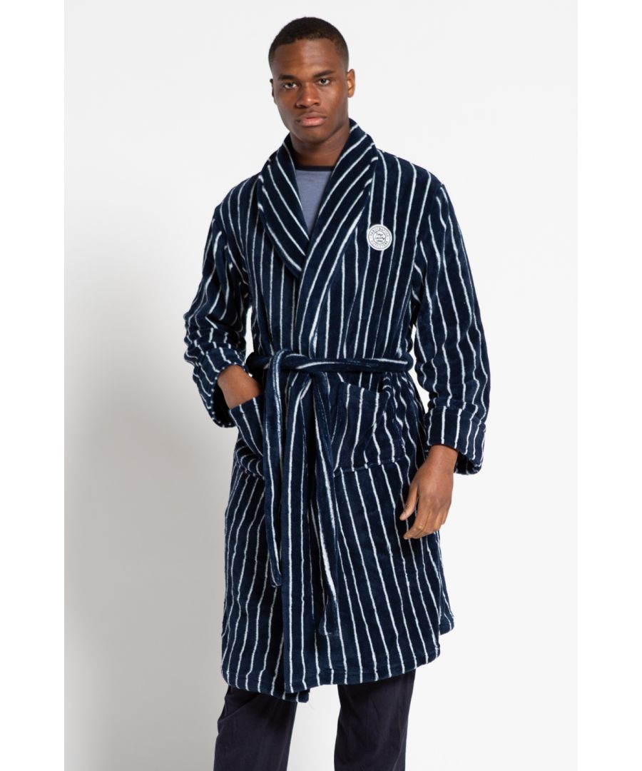 This striped, fleece dressing gown from Tokyo Laundry is a cosy classic. Features shawl collar, two front pockets, belted tie fastening, Tokyo Laundry felt patch logo. A great addition to your night-time essentials.