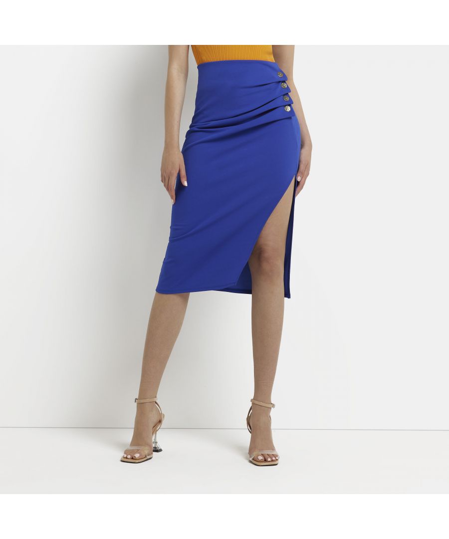 > Brand: River Island> Department: Women> Colour: Blue> Type: Skirt> Style: Straight & Pencil> Material Composition: 95% Polyester 5% Elastane> Material: Polyester> Occasion: Casual> Season: AW22> Skirt Length: Midi