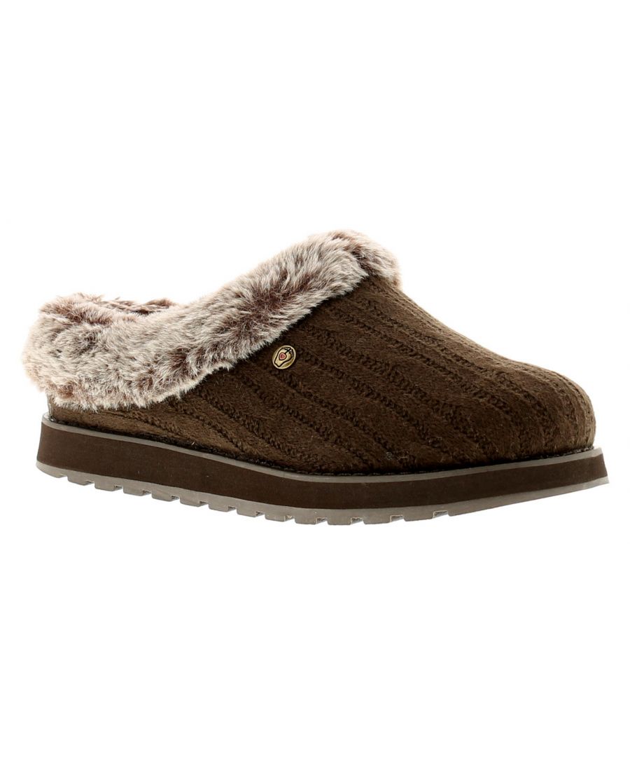 Womens brown Skechers ice angel slippers, manufactured with textile and a rubber sole. Featuring: faux fur lining, knit upper and eva outsole.
