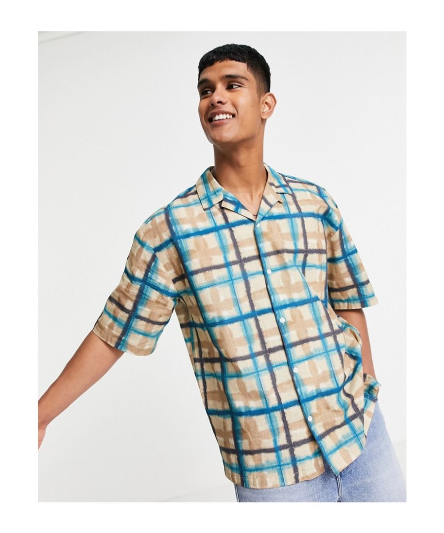 topman mens oversize watercolour check shirt in stone and blue - size x-small