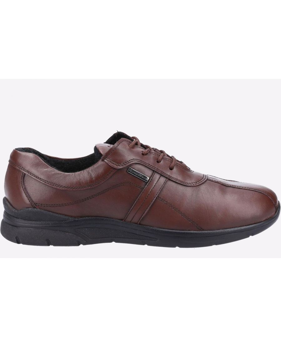 Cotswold Cam 2 Waterproof Mens lace up shoe is perfect for the rainy days. It has a smooth leather upper and has a mirtex membrane in the lining to protect your feet from getting wet. It also has a durable and flexible outsole.-Full grain leather upper.\n-Water and weather protection.\n-Inner Mirtex Waterproof Membrane keeps feet dry during wet weather.\n-Inner lining and membrane allows for free movement of air.\n-Air movement keeps feet comfortable through the day.\n-Lace up shoe with 4 eyelets.\n-Padded collar for comfort.\n-Bellows tongue construction.\n-Ladder grip on sole.