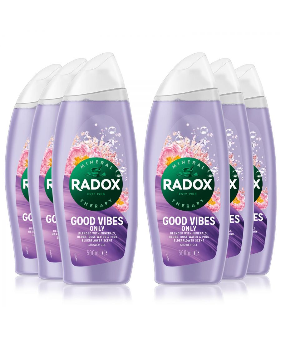 Radox is packed full of natural herbs to provide the sensual stimulation you want, whether its relaxation, stimulation, or muscle pain relief, Radox has the formulation for you. Radox shower gel fragrance combinations are specially designed to unleash a mood, whether you want to be exotic or refreshed, uplifted or soothed.\n\n\nRadox Good Vibes Only Shower Gel with Rose Water and Elderflower fragrance is a hydrating shower gel with 100% nature-inspired fragrance. Let the vibrancy of brightening pink elderflower and hydrating rose water leave you feeling brand new. This pH-neutral dermatologically tested shower gel is suitable for all skin types and suitable for daily use.\n\nFeatures:\n\nRadox - Nature-Inspired Fragrance!\nA soothing shower gel that leaves your skin delightfully fragrant.\nFeel fresh and clean all day.\nPH neutral, dermatologically tested.\nMood-changing fragrance pack which makes you feel relaxed.\nSuitable for all skin types.\nRadox Good Vibes Only Hydrating Shower Gel.\nWith Rose Water & Pink Elderflower Scent.\nFeel hydrated.\n\nHow to Use: Apply when showering or bathing. Apply to the skin all over your body and then wash off with hot water. Suitable for everyday use.\n\nPackage Includes: 6x Radox 100% Nature Inspired Fragrance Shower Gel, 500ml