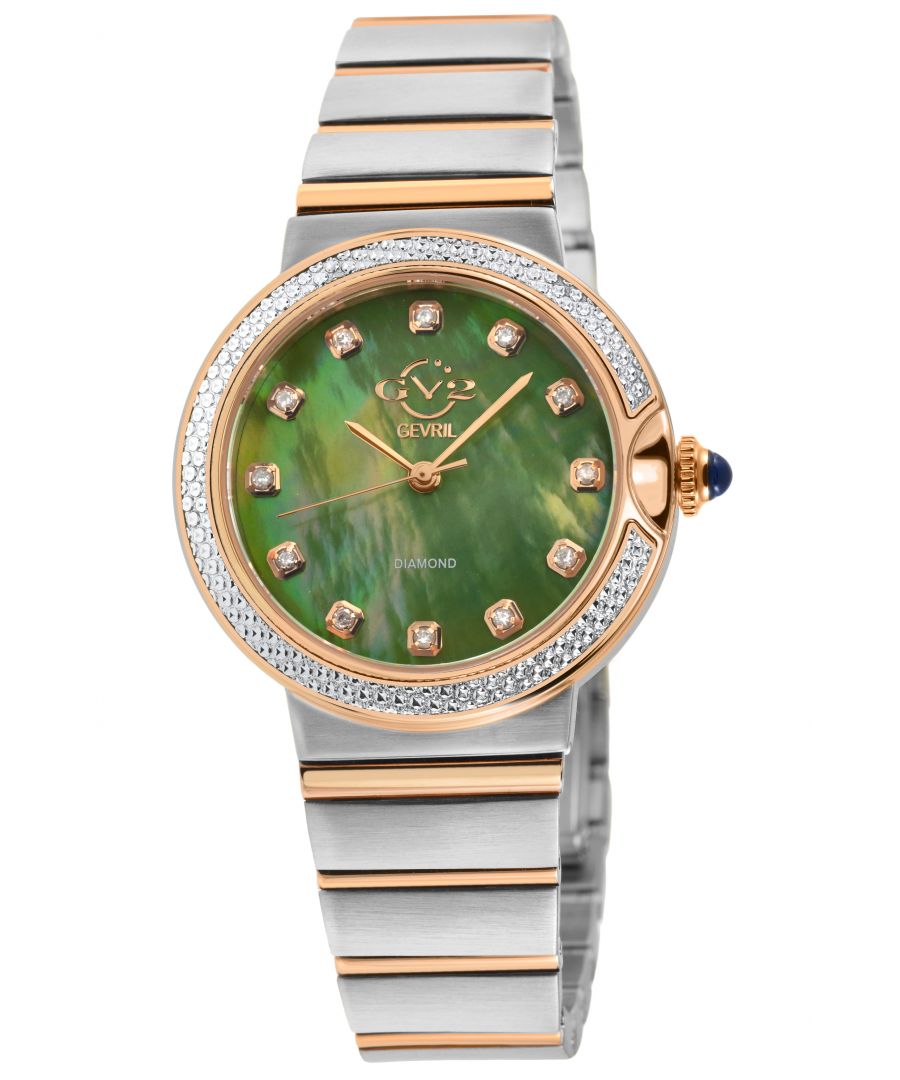 GV2 12448B Women's Sorrento Swiss Diamond Watch\n\nGV2 Women's Swiss Diamond Watch from the Sorrento Collection\n33mm Round 316L Stainless Steel Case. IPRG Diamond Cut Bezel\nOlive Green MOP Dial, 12 Diamonds\nPush/Pull Rose Crown\nTwo-Toned SS/IP Rose Gold Bracelet with Deployment Buckle\nAnti-reflective Sapphire Crystal\n5 ATM (50 Meters 165 Feet)\nSwiss Quartz Movement Ronda 763
