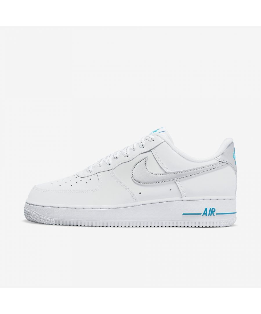 The radiance lives on in the Nike Air Force 1 '07. This b-ball original puts a fresh spin on what you know best: durably stitched overlays, clean finishes and the perfect amount of flash to make you shine.\n\nBenefits\nStitched overlays on the upper add durability, support and heritage style.\nOriginally designed for performance hoops, Nike Air cushioning adds lightweight, lasting comfort.\nLow-cut, padded collar looks sleek and feels soft and comfortable.\nRubber outsole with heritage hoops pivot circles adds traction and durability.\n\nProduct Details\nFoam midsole\nPerforations on the toe\nRubber sole\nColour Shown: White/Laser Blue/Metallic Silver\nStyle: DR0142-100\n\nAir Force 1\nDebuting in 1982 as a basketball must-have, the Air Force 1 came into its own in the '90s. The clean look of the classic white-on-white AF-1 was endorsed from the basketball courts to the street and beyond. Finding its rhythm in hip-hop culture, releasing limited collabs and colourways, Air Force 1 became an iconic sneaker around the globe. And with over 2,000 iterations of this staple, its impact on fashion, music and sneaker culture can't be denied.