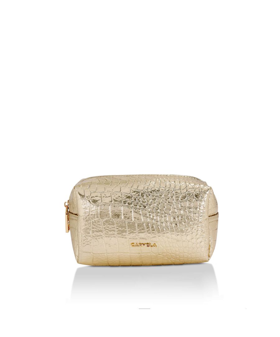 The Jessica Cosmetic Bag features a gold croc embossed exterior. The front features a small, gold tones branding matching the zip closure.