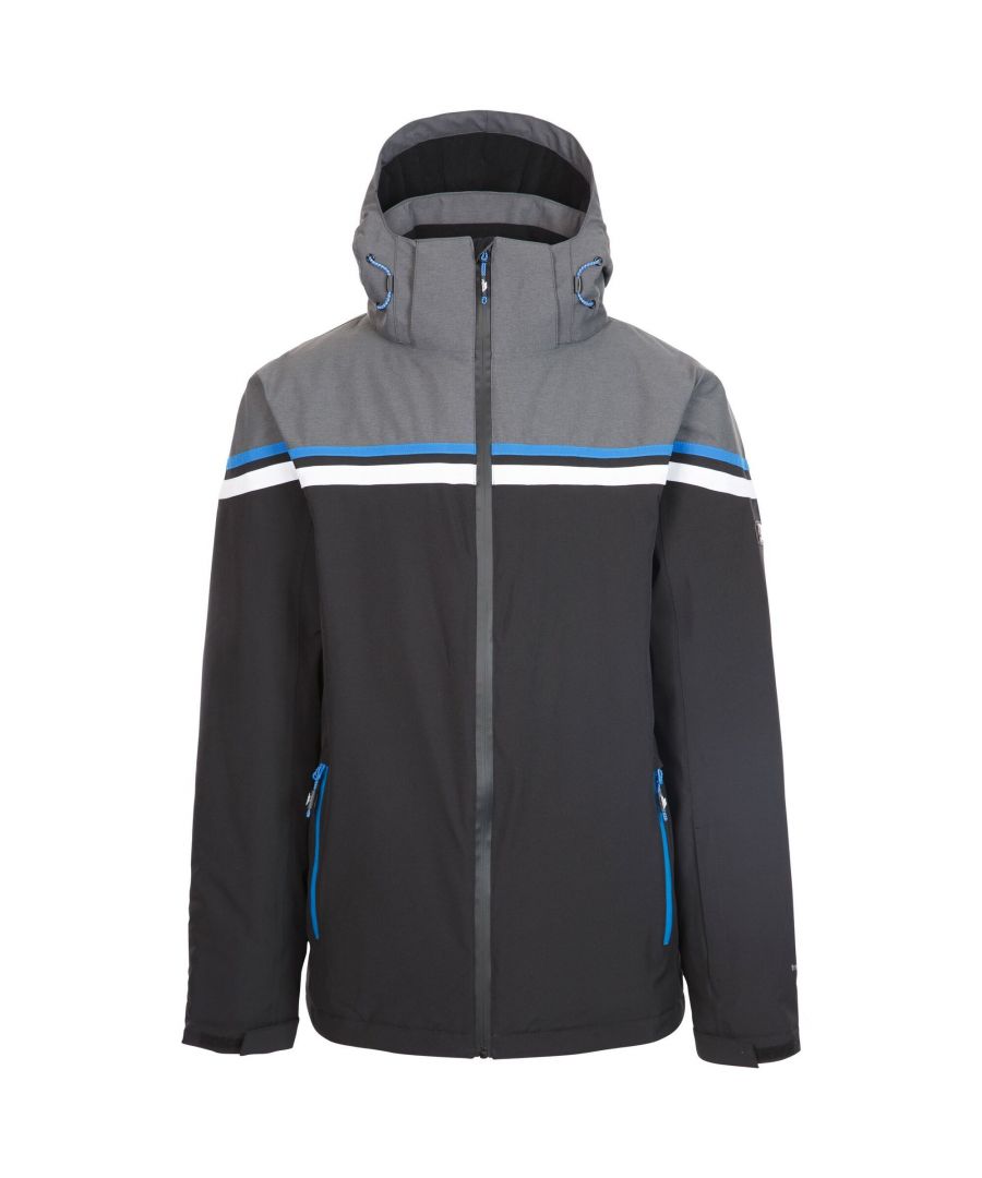 Material: 94% Polyester, 6% Elastane. Fabric: Woven. Design: Badge, Colour Block, Stripe Detail. Fabric Technology: Breathable, TP75, TPU Membrane, Waterproof, Windproof. Chin Guard, Padded, Taped Seams, Underarm Zips. Cuff: Adjustable, Stretch. Neckline: Hooded. Sleeve-Type: Long-Sleeved. Hood Features: Adjustable, Zip-Off. Pockets: 1 Inner Pocket, 2 Front Pockets, Water Repellent Zip. Fastening: Front Zip. Waterproof Rating: 5000mm. 5000g/m²/24hrs. Hem: Drawcord.
