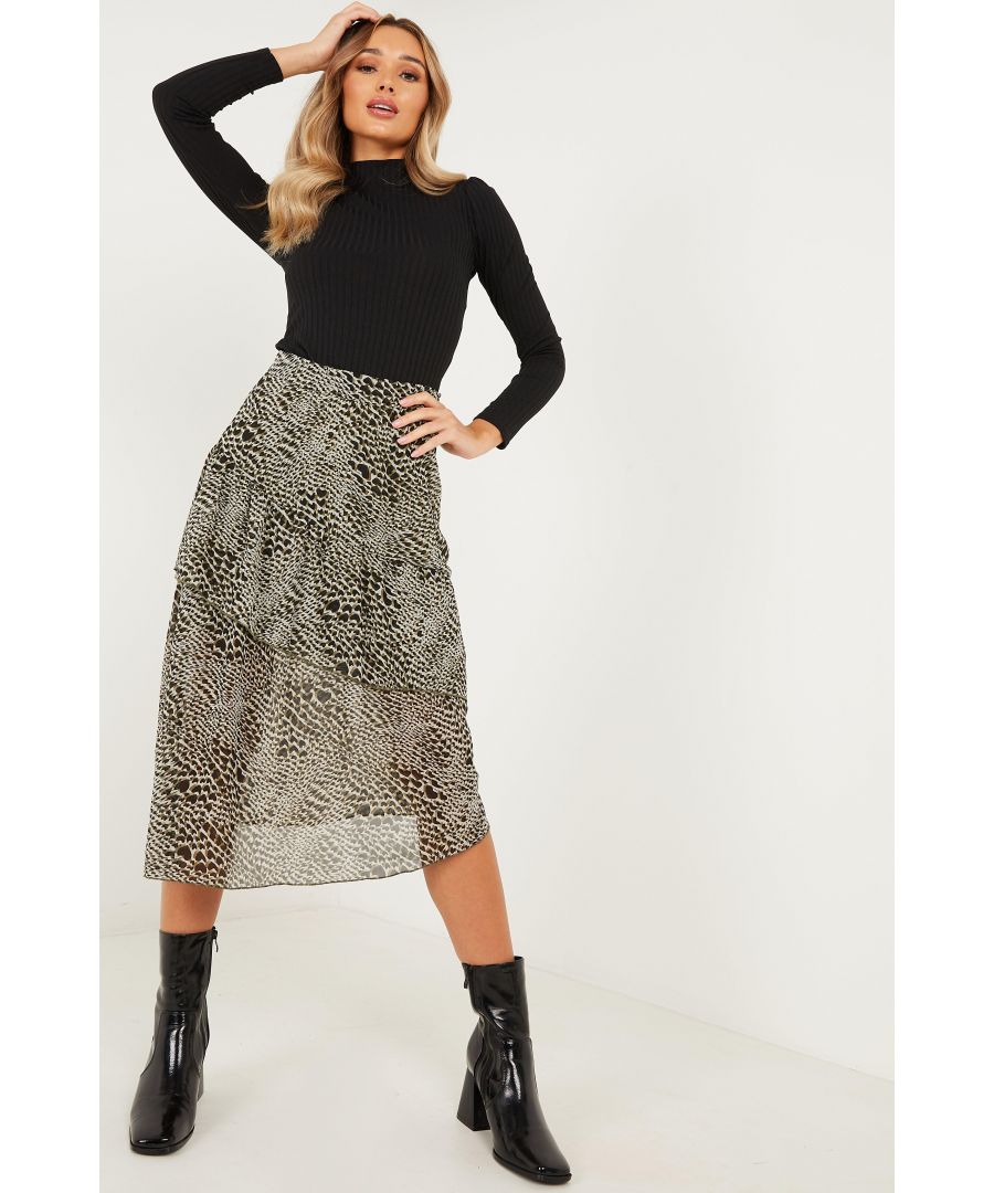 Image for Khaki Chiffon Animal Print Midi Skirt
