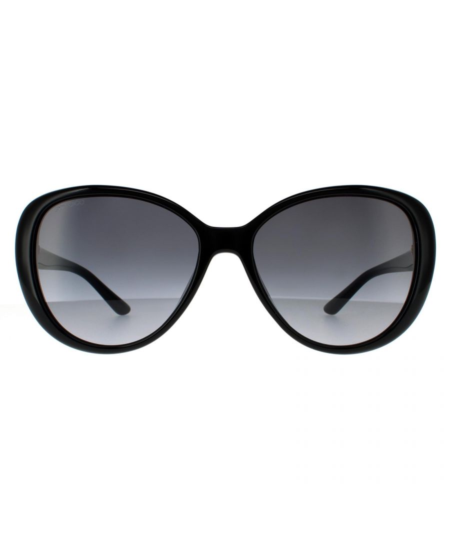 Jimmy Choo zonnebril Amira/G/S 807 9o Black Dark Gray Gradient zijn een vlindervorm gemaakt van lichtgewicht acetaat. De slanke merk tempels bieden merkauthenticiteit
