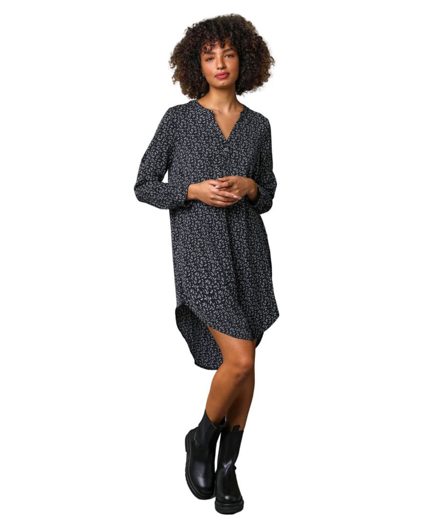 Dusk Womens Leaf Print Asymmetric Tunic Dress - Black - Size 8 Uk