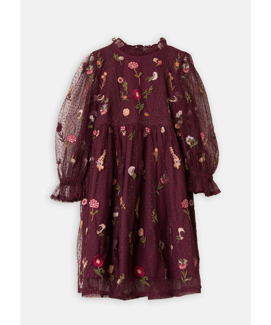 Intricate embroidery on a beautiful diaphanous mesh fabric lends a whimsical feel to this transitional Midi dress. In a rich berry hue it will take you through the season. Wear with chunky boots to add an edgy twist.  . About me: 100% Polyester. Look after me: Think planet. wash at 30c.