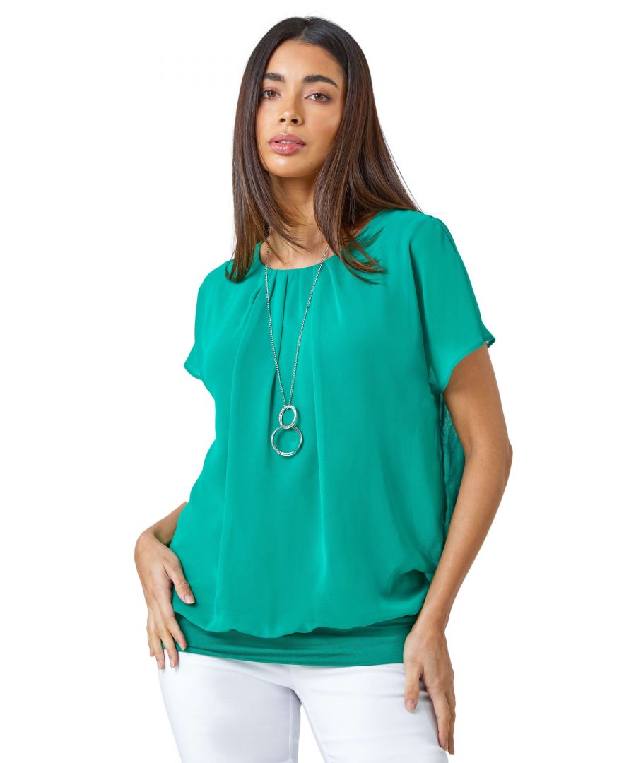 Roman Womens Chiffon Jersey Blouson Top with Necklace - Green - Size 20 UK