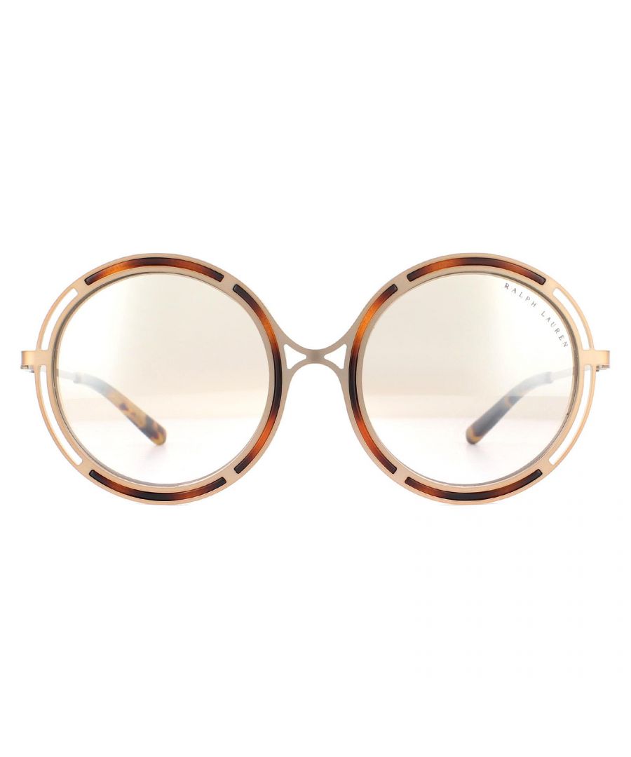 Ralph Lauren Sunglasses RL7060 93508Z Rose Gold Havana Brown Mirror Silver Gradient are a glamorous oversized round style crafted from metal and plastic. The RL logo doubles as the hinge and the exquisite metal detailing at the bridge creates an infinity frame shape.