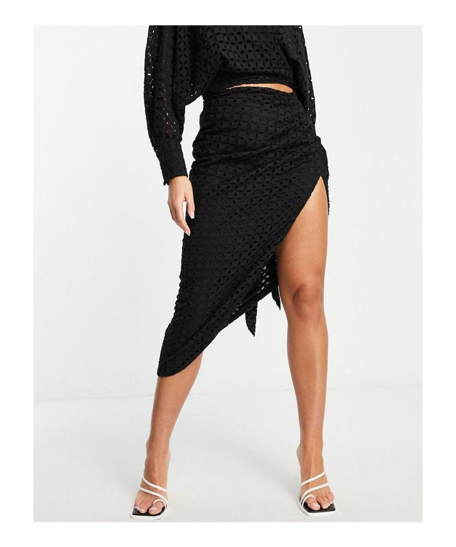 Midi skirt by ASOS EDITION *chef's kiss* High rise Tie detail to reverse Asymmetrical cut Zip-side fastening Regular fit  Sold By: Asos