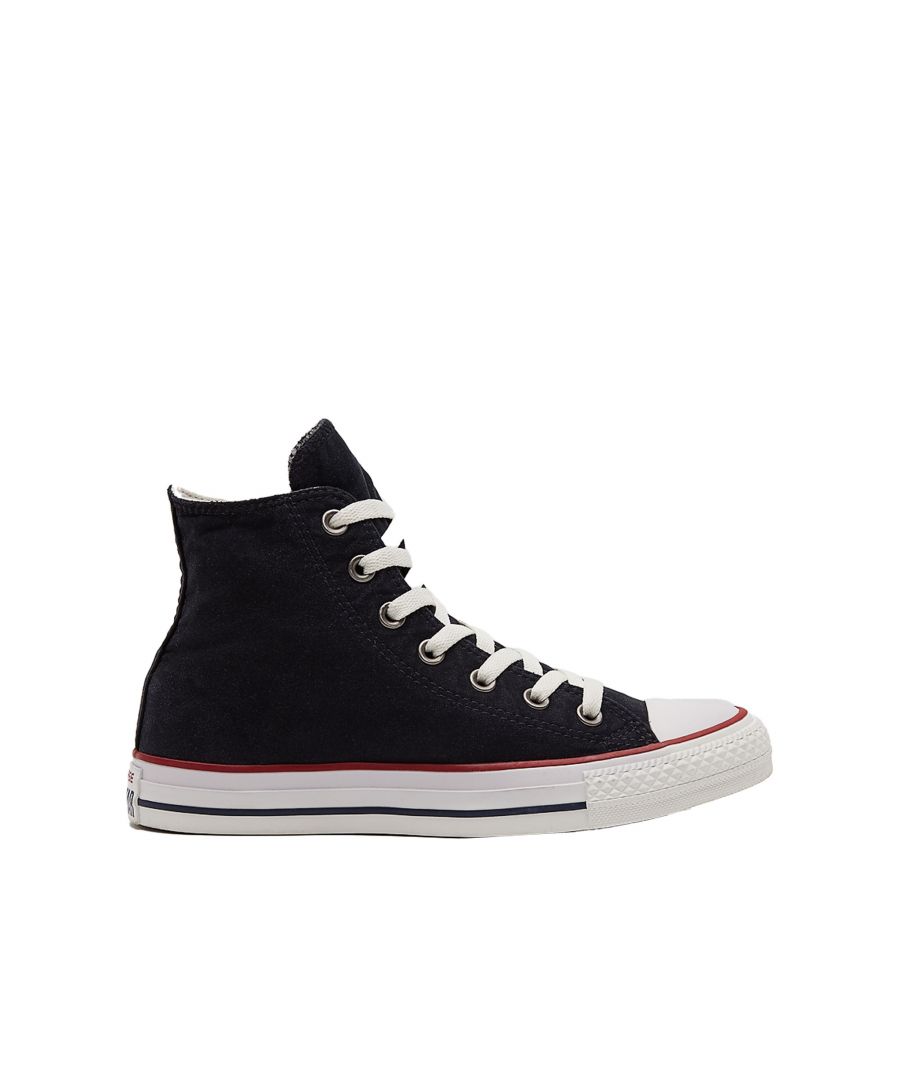 Product Information Delivery & Returns Reviews\nThe Converse All Star Hi is a true style icon. The hi-top silhouette is dressed in a black canvas upper, bearing the original Chuck Taylor badge on the inner ankle. A white vulcanised sole with classic toe cap completes. As cool now as it ever was.