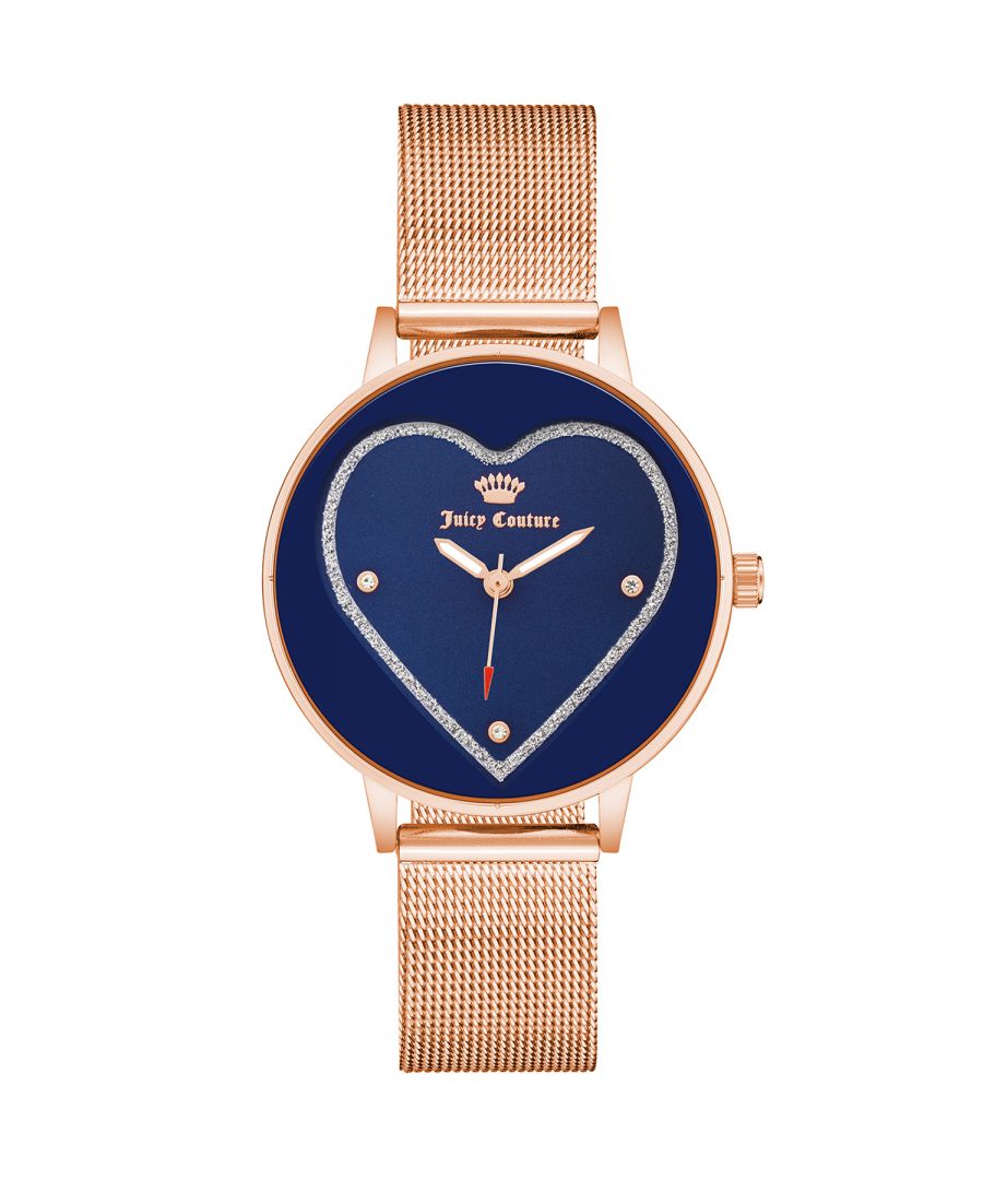 Juicy Couture Watch JC/1240NVRG\nGender: Women\nMain color: Rose Gold\nClockwork: Quartz: Battery\nDisplay format: Analog\nWater resistance: 0 ATM\nClosure: Bangle\nFunctions: No Extra Function\nCase color: Rose Gold\nCase material: Metal\nCase width: 38\nCase length: 38\nFacing: Rhine Stone\nWristband color: Rose Gold\nWristband material: Stainless steel Mesh\nStrap connecting width: 16\nWrist circumference (max.): 24\nShipment includes: Watch box\nStyle: Fashion\nCase height: 8\nGlass: Mineral Glass\nDisplay color: Blue\nPower reserve: No automatic\nbezel: none\nWatches Extra: None