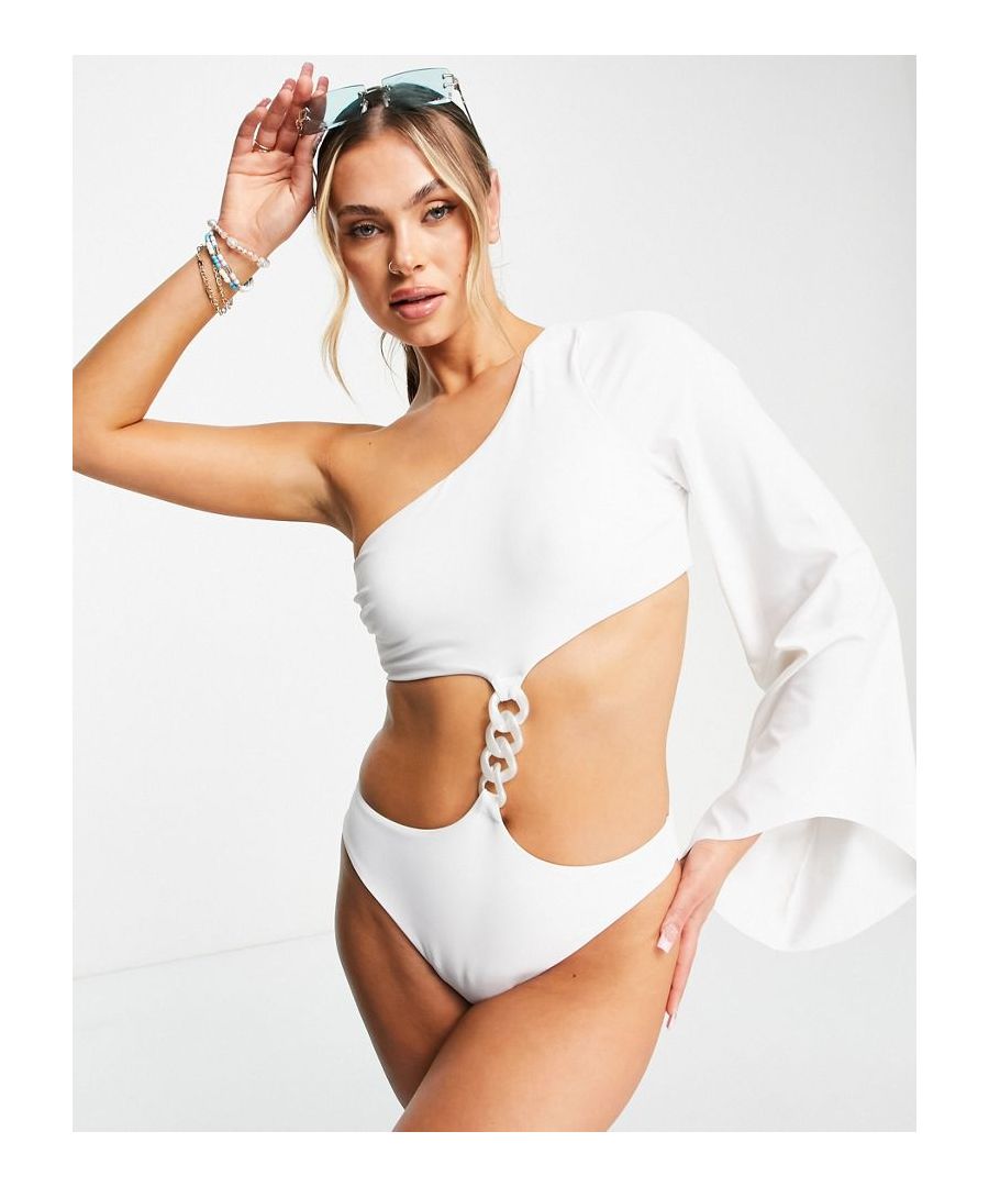 Swimsuit by ASOS DESIGN Calling all sun loungers Asymmetric neck One-shoulders style Long sleeve Chain detail Cut-out sides and back Brief cut  Sold By: Asos