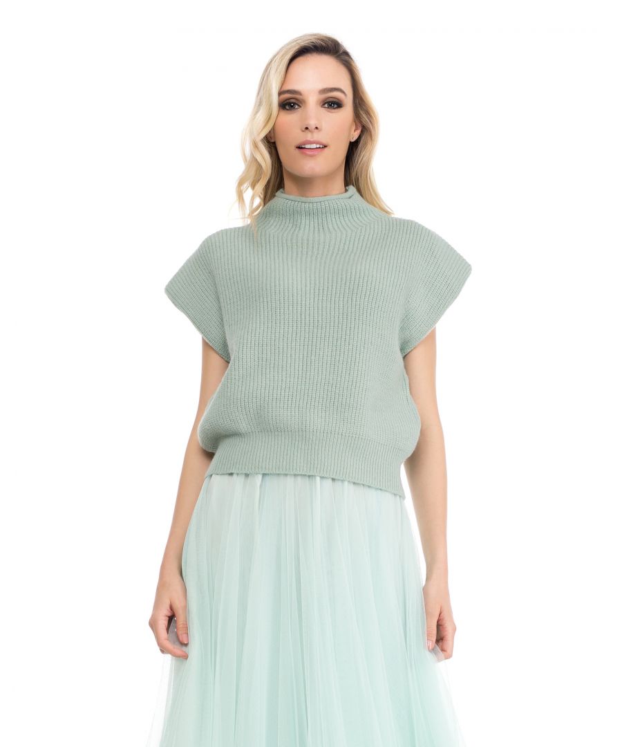 Image for Sleevless knit high neck jersey with shoulder pads
