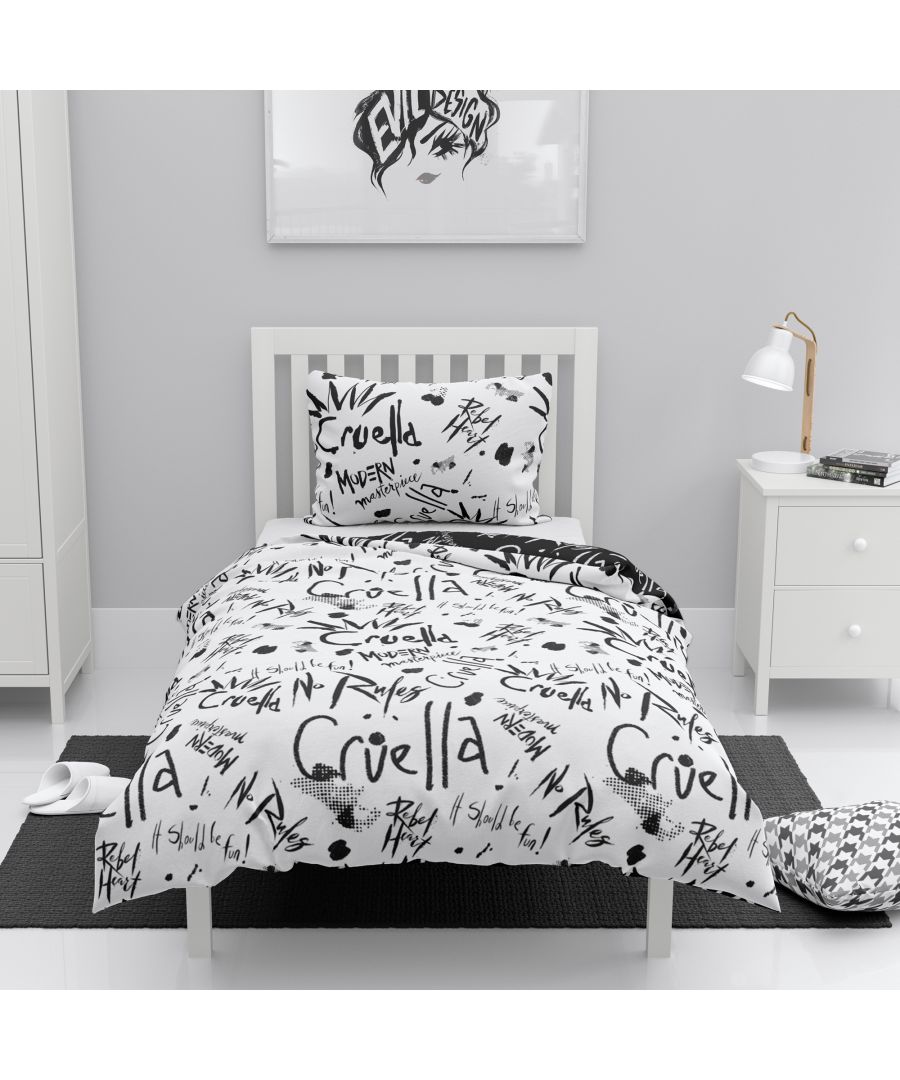 Inspired by the one and only Cruella de Vil, this dramatic Disney Cruella Rebel Heart Single Duvet Cover Set caters to the consumer's desire for theatrical product bringing a unique and modern statement to any bedroom. Crafted from soft 100% cotton, this bedding features the statements that characterize Cruella in black and white thus depicting the rebel spirit of a young girl.  This bedding flips to a contrasting reverse and the soft cotton makes it breathable and comfortable to sleep in. \n\nThis is an Official Licensed product and can be coordinated with matching cushions and fleece blanket from our Disney Cruella collection\n\nThis collection is verified by OEKO-TEX® and independently tested for harmful substances. It stands for customer confidence and high product safety.