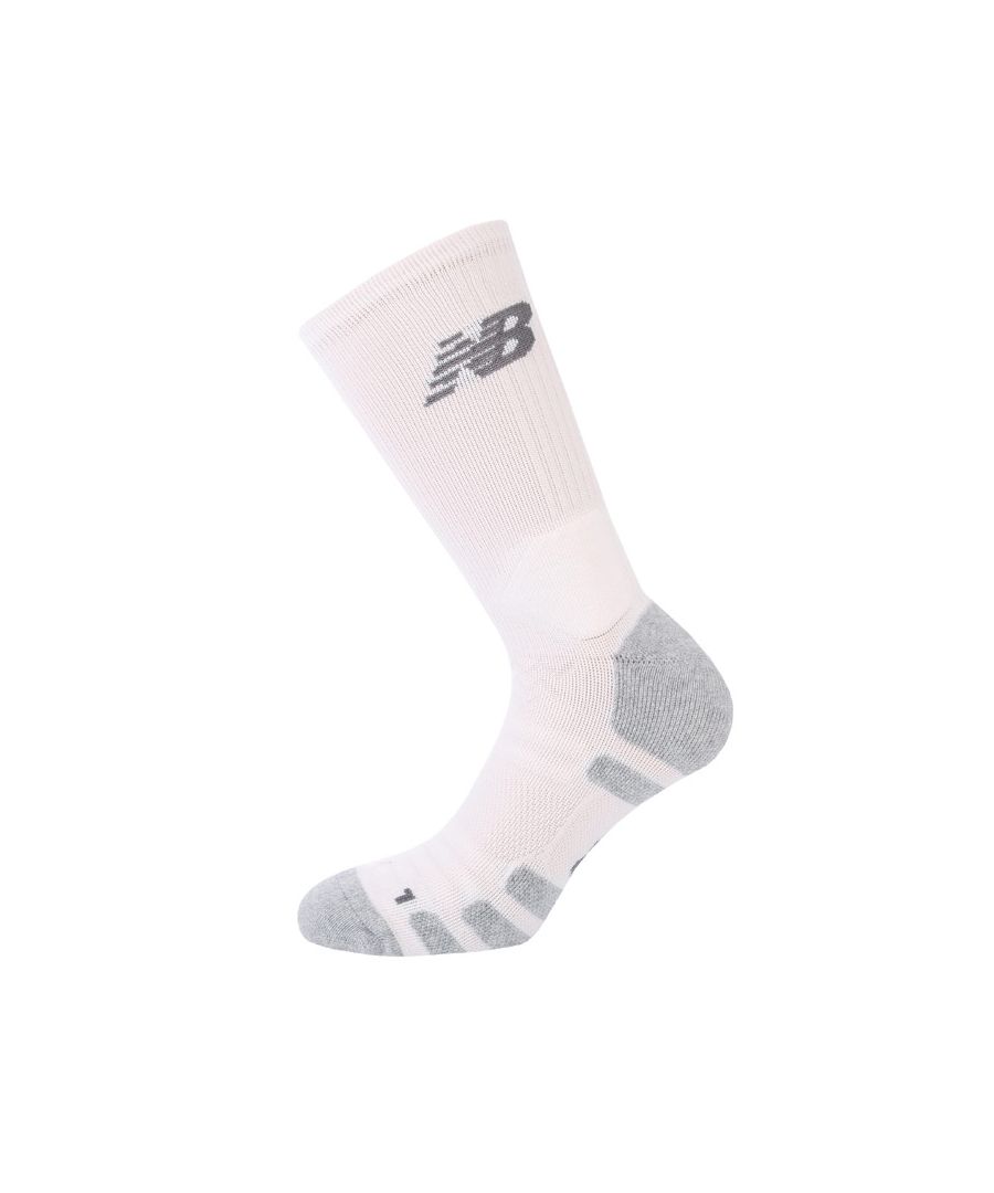 Mens New Balance Elite Crew Socks in white.- Reinforced heel and toe.- NB DRY moisture management technology quickly moves sweat to keep feet cool and dry.- Strategic cushioning around heel and toe helps with shock absorption.- Breathable mesh panels promote airflow to keep feet feeling dry and cool.- 64% Nylon  33% Cotton  3% Elastane. Machine washable.- Ref: MA831222WT
