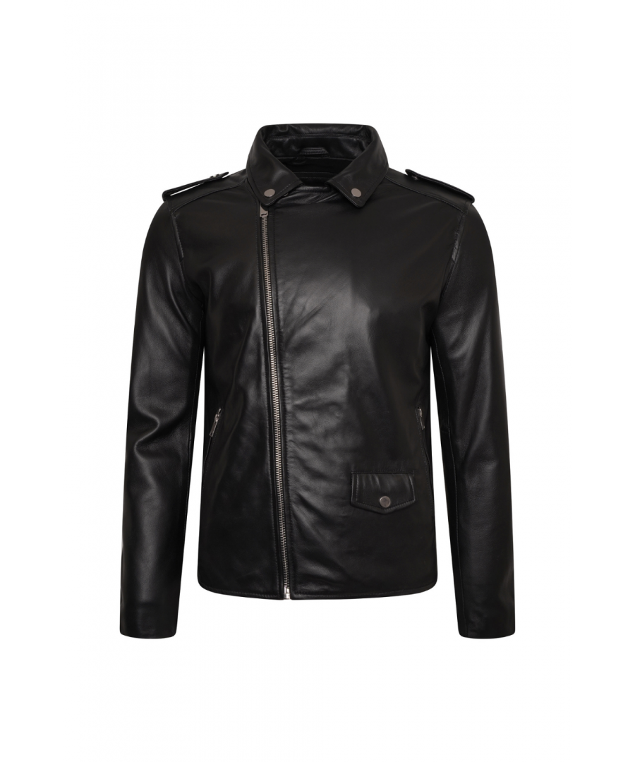 This buttery soft leather jacket for men from BARNEYS ORIGINALS features and asymmetric zipline and silver hardware.