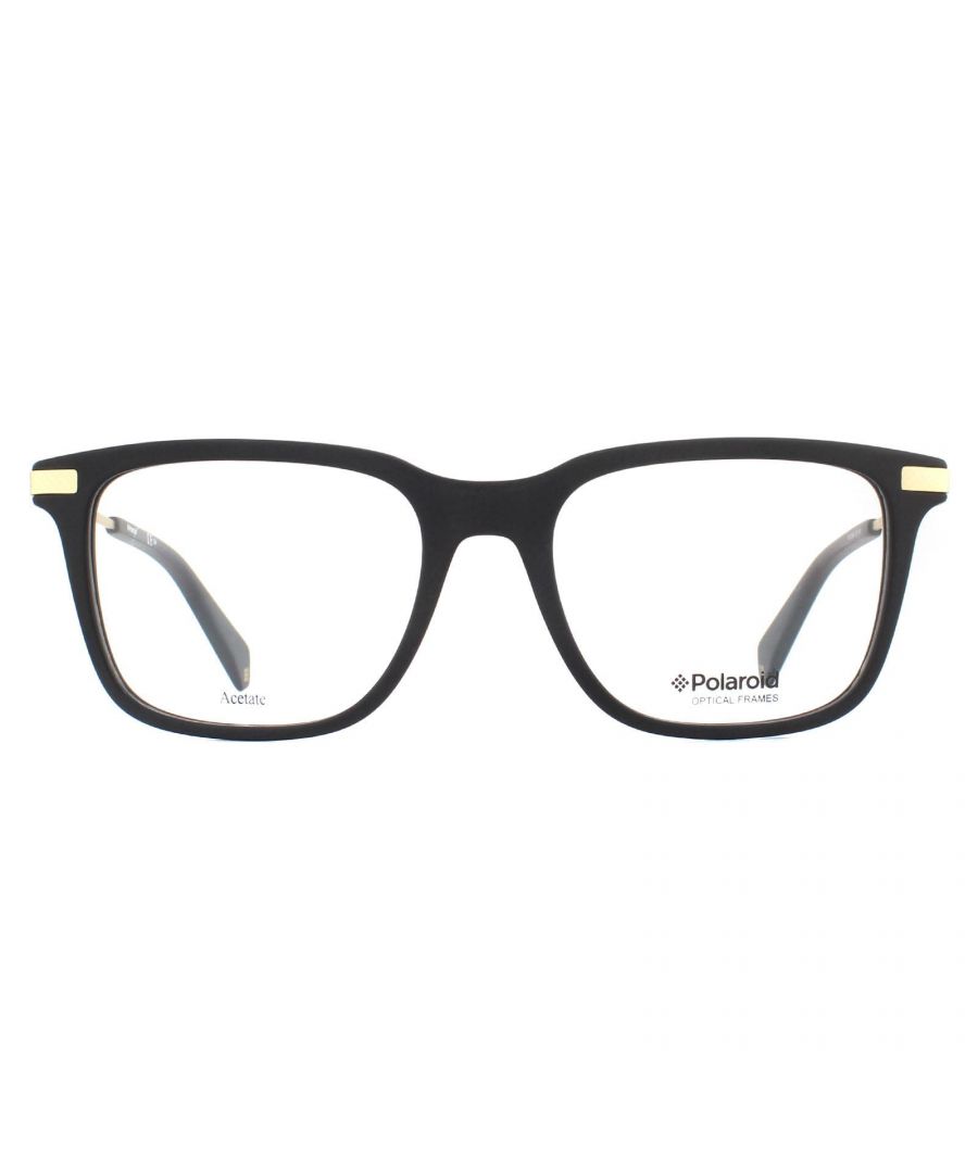 Polaroid Glasses Frames PLD D346 003 Matte Black have a square thick acetate frame front and tips and metal temples. The inner tips showcase the Polaroid Pixel and the metal sections feature a pixel texture.
