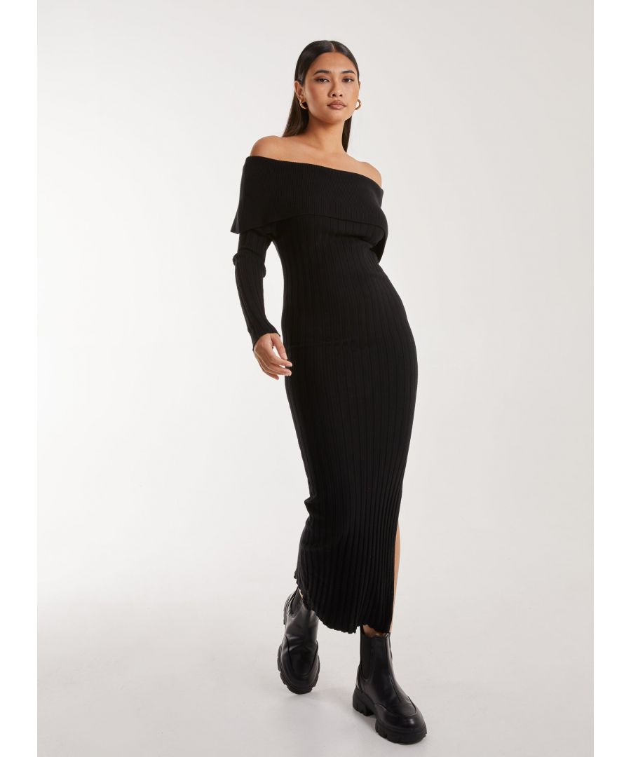 Pink Vanilla Womens Bardot Ribbed Knit Maxi Dress - Black - Size Large