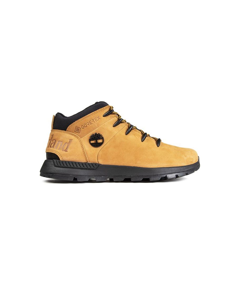 Mens tan Timberland sprint trekker gortex boots, manufactured with leather and a rubber sole. Featuring: sensorflextm technology, rustproof. speed lace hardware, eva footbed and gortex lined.