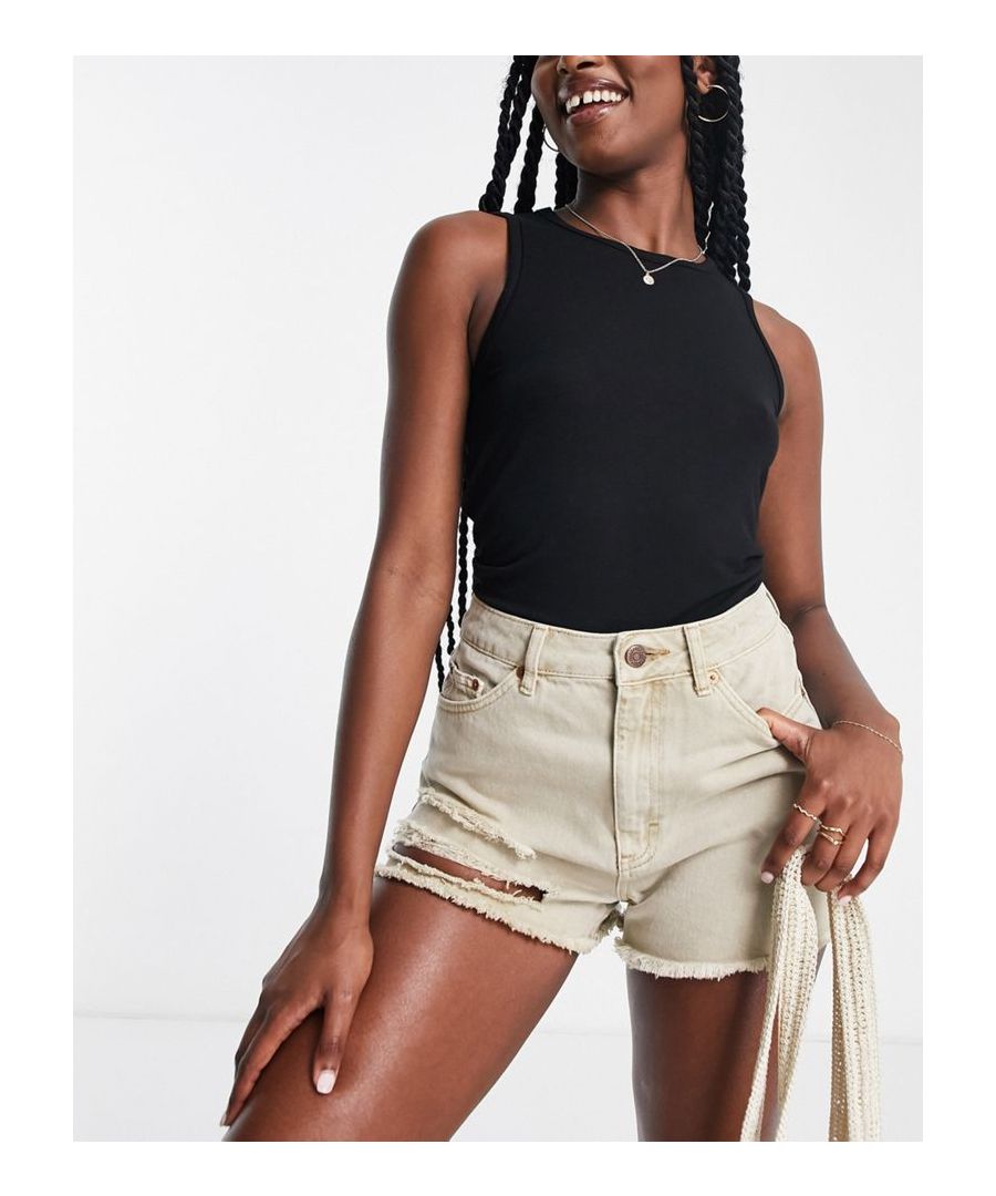 Denim shorts by Topshop Make some legroom High rise Belt loops Five pockets Ripped details Regular mom fit  Sold By: Asos