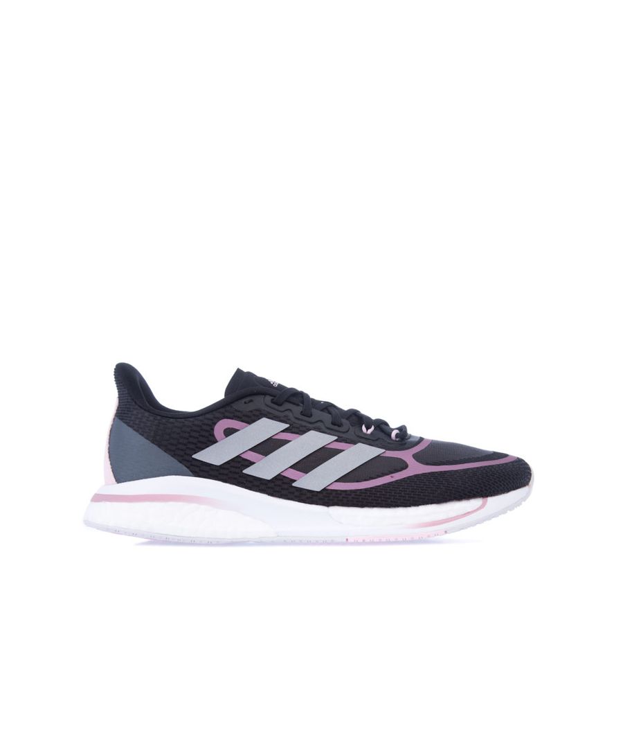 Womens adidas Supernova + Running Shoes in black silver.- Mesh upper.- Lace closure.- Regular fit.- Seamless stretchy feel.- Reflective elements.- Linear and lateral support.- Boost and Bounce midsole.- Rubber outsole.- Textile upper  Textile lining  Synthetic sole.- Ref: FX6698