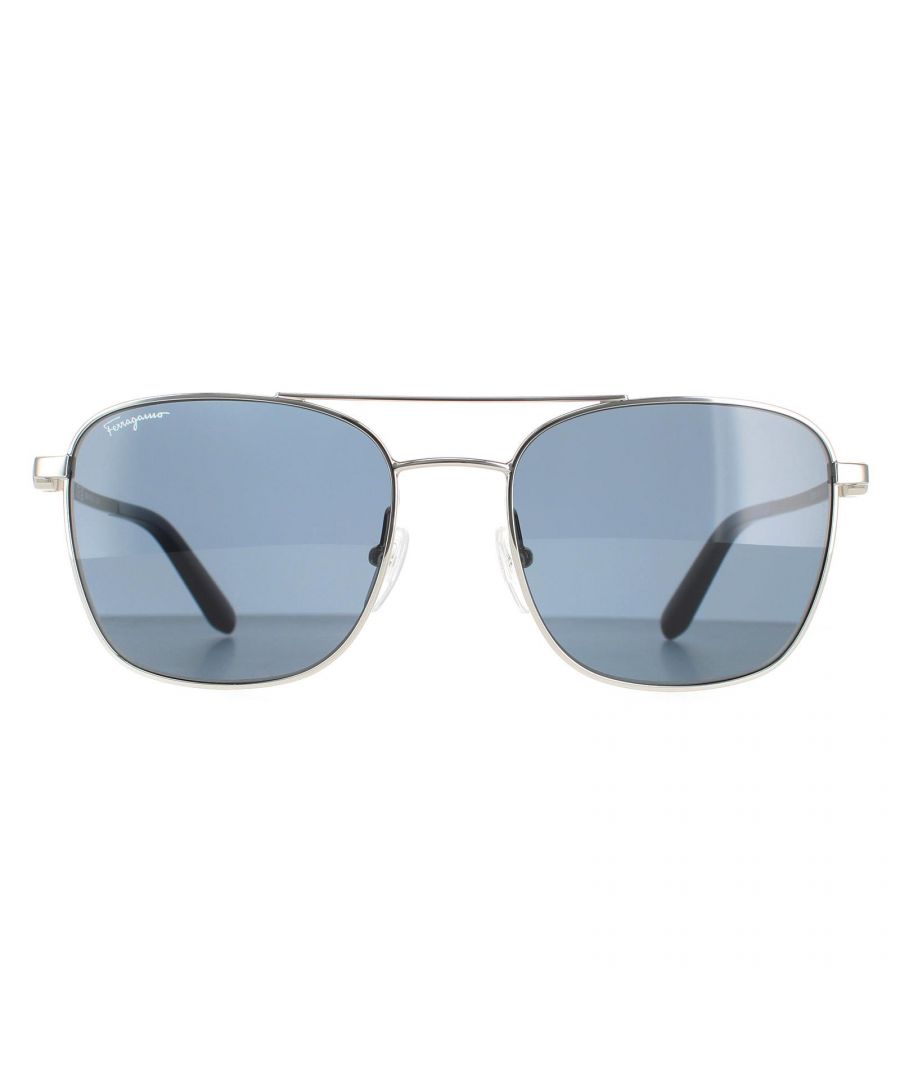 Salvatore Ferragamo Aviator Mens Silver Light Blue SF158S  SF158S are an aviator design crafted from lightweight metal. The double bridge, silicone nose pads and plastic temple tips ensure all day comfort. Slender temples are engraved with the Ferragamo emblem .
