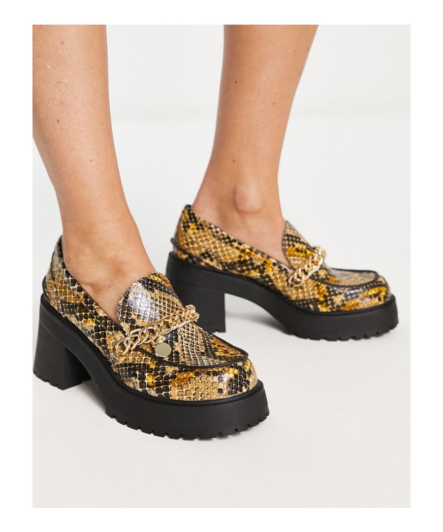 Loafers by ASOS DESIGN Next stop: checkout Snake print Slip-on style Chain detail Chunky sole Mid block heel Sold by Asos