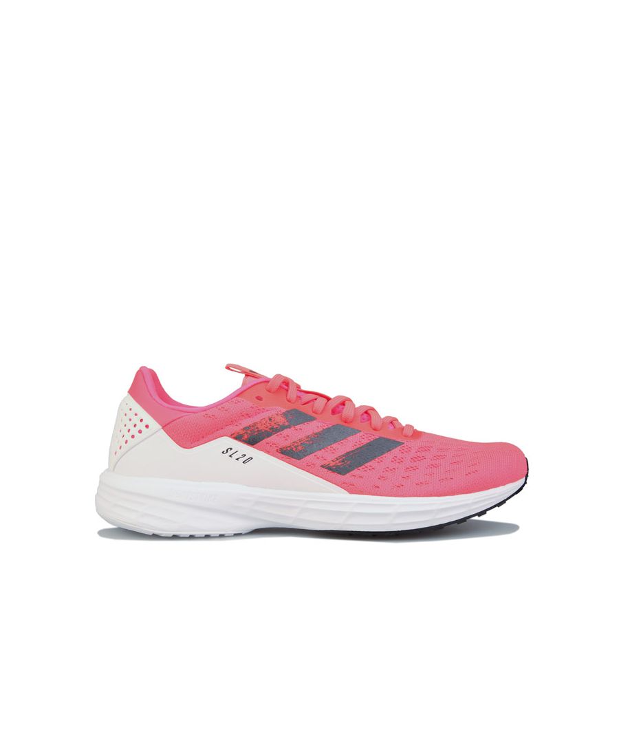 Womens adidas SL20 Running Shoes in pink white.- Seamless stretch mesh upper.- Regular fit. - Lace up closure.- Breathable running shoes.- Lightstrike cushioning.- 3-Stripes and SL20 branding to the side.- Lightstrike cushioning for a fast  snappy feel.- Textile  upper  Textile lining  Synthetic sole.- Ref: FV7342