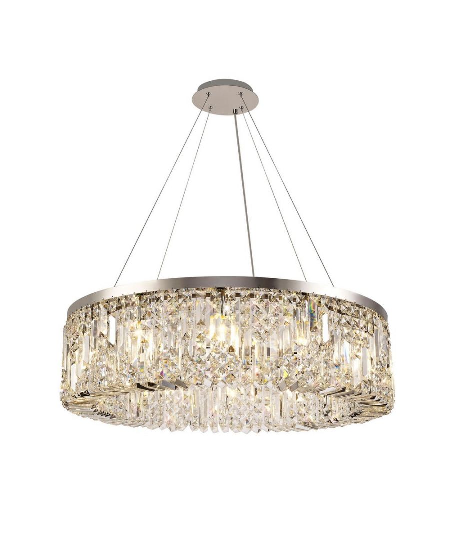 80cm Round Ceiling Pendant Chandelier, 12 Light E14, Polished Chrome, Crystal | Finish: Polished Chrome | IP Rating: IP20 | Min Height (cm): 50 | Max Height (cm): 175 | Diameter (cm): 80 | No. of Lights: 12 | Lamp Type: E14 | Dimmable: Yes - Dimmable Lamps Required | Wattage (max): 40W | Weight (kg): 16.8kg | Bulb Included: No