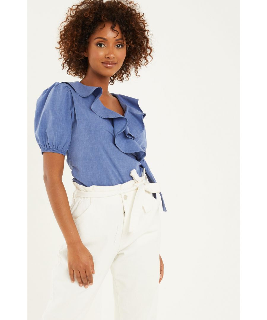 Image for Blue Chambray Wrap Puff Sleeve Top