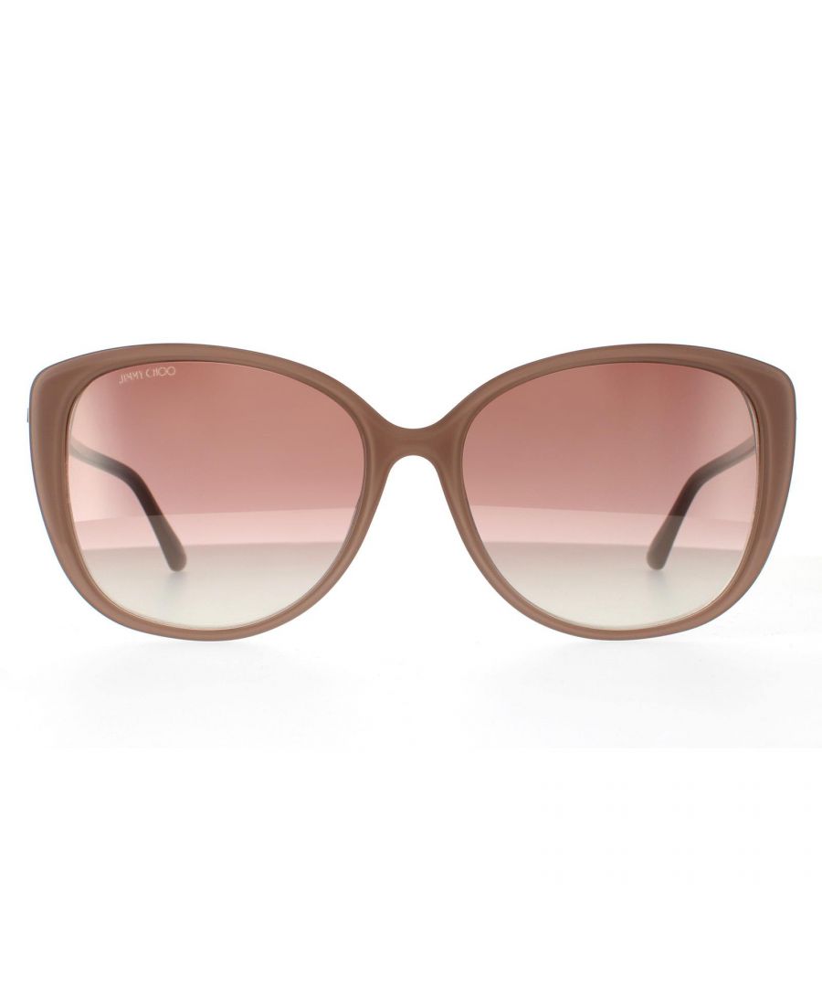 Jimmy Choo Sunglasses ALY/F/S KON NQ Nude Glitter Brown Gradient Mirror are a cat eye style crafted from lightweight acetate. The Jimmy Choo logo is engraved into the gold temples for brand authenticity