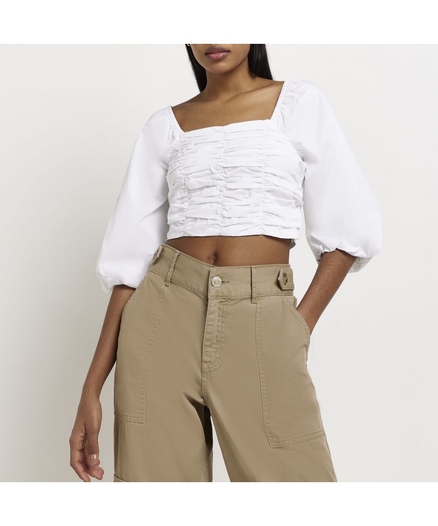 > Brand: River Island > Department: Women > Colour: White > Type: T-Shirt > Material Composition: 100% Cotton > Material: Cotton > Size Type: Regular > Neckline: Square Neck > Sleeve Length: 3/4 Sleeve > Occasion: Casual > Pattern: No Pattern > Season: SS22