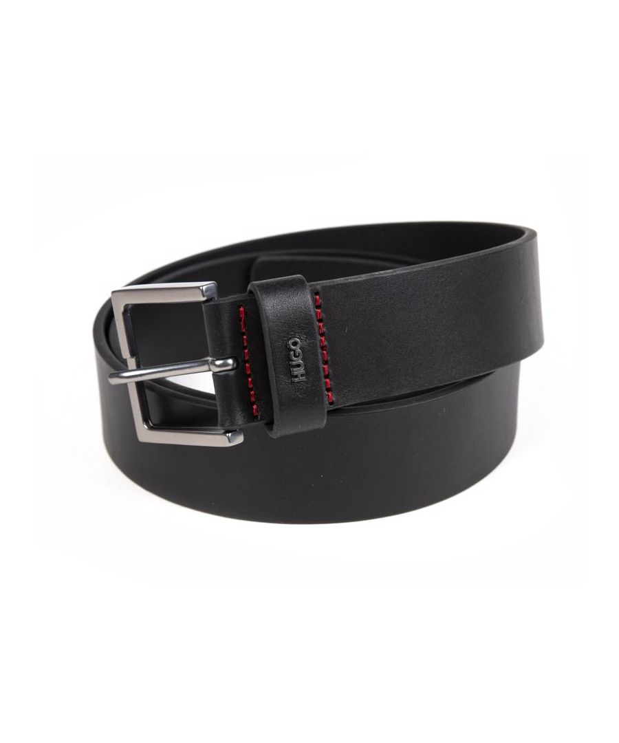 Mens black Hugo giove belt, manufactured with leather. Featuring: brushed chrome buckle, hugo branding, belt width 3.5cm, medium = 30