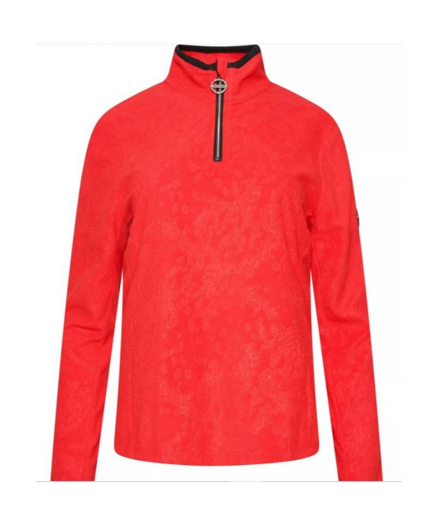 Material: 100% Polyester. Fabric: Fleece. Design: Badge, Crystal, Embossed, Petal. Metal Zip Pull. Sleeve-Type: Long-Sleeved. Neckline: Standing Collar, Stretch Binding. Cuff: Stretch Binding. Fastening: Half Zip.