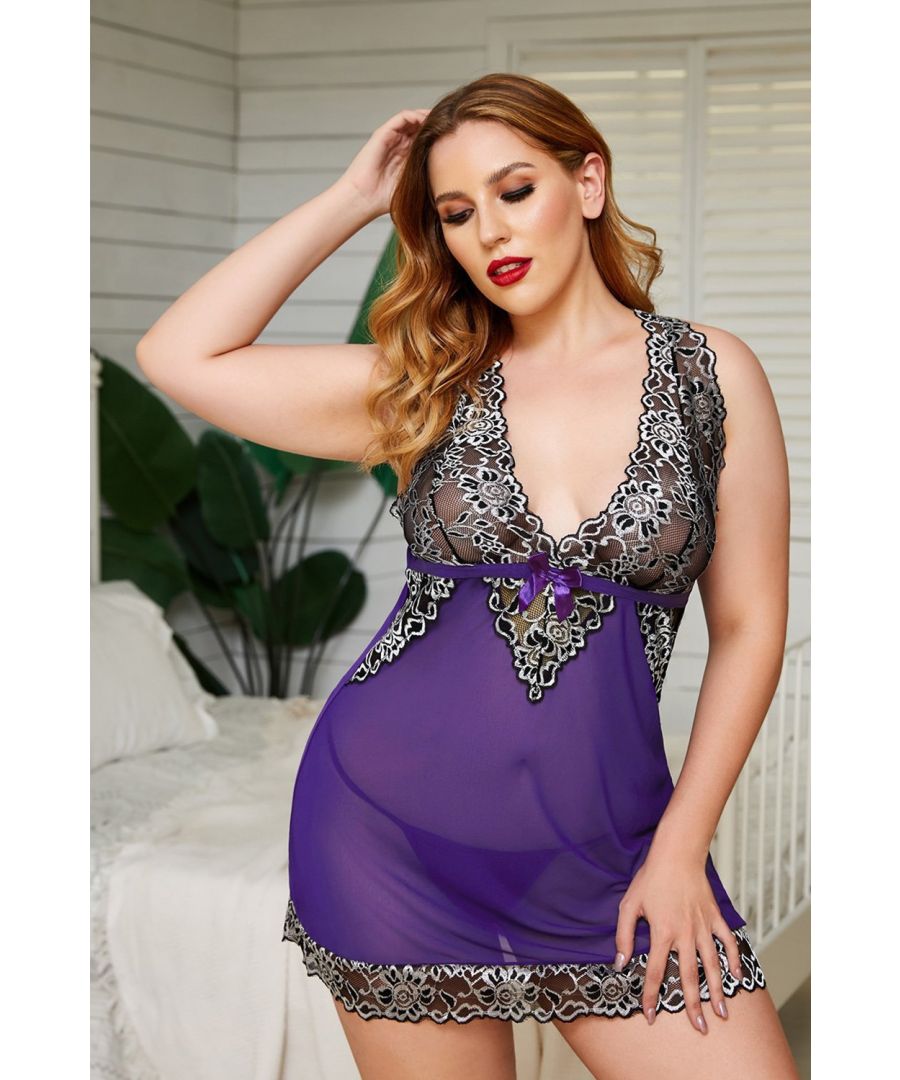 Image for Azura Exchange Purple Lace Perspective Mesh Splicing Plus Size Lingerie with Thong
