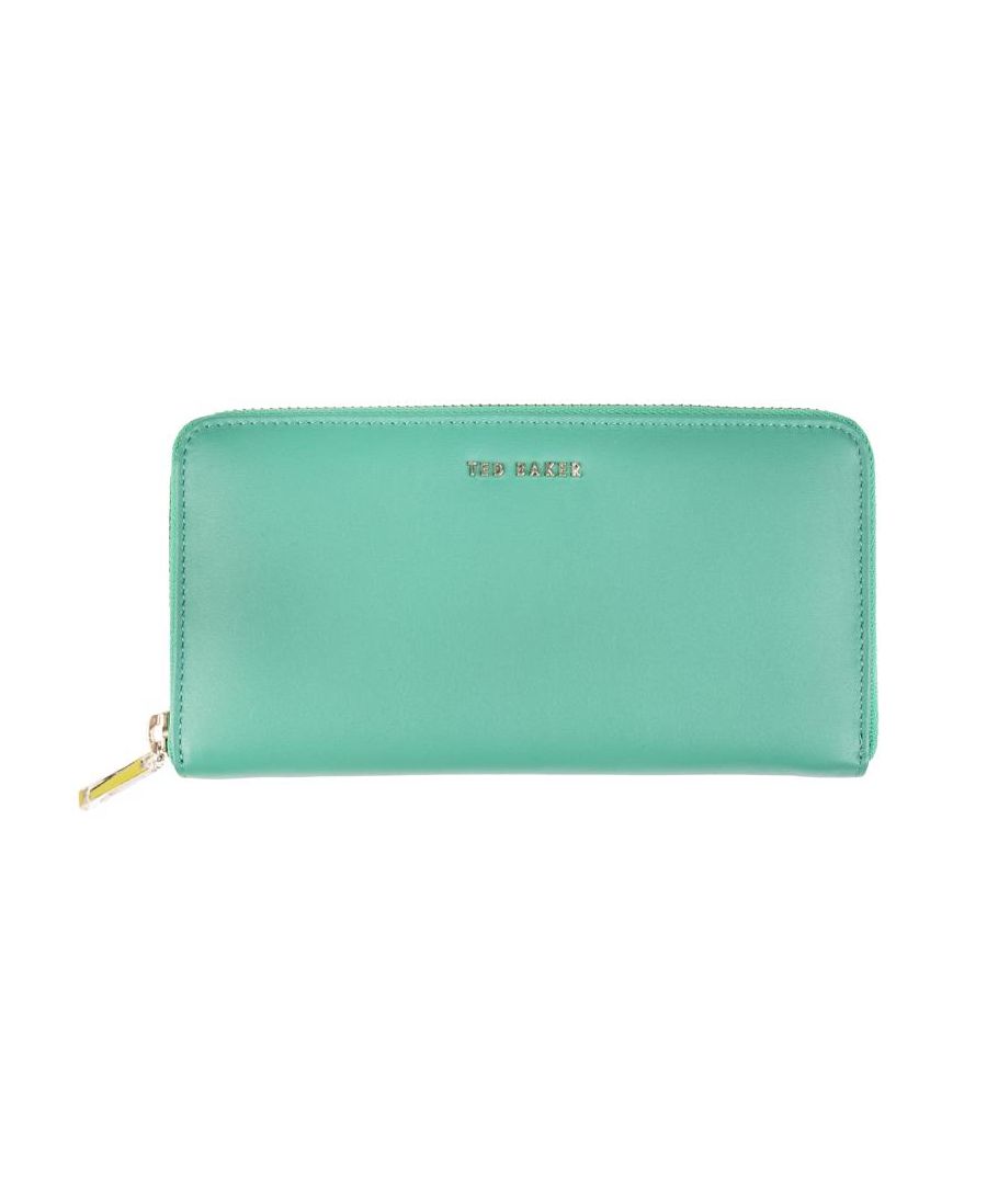 Womens green Ted Baker garcey purse, manufactured with leather. Featuring: zip closure, twelve card sections, four note compartments, gold hardware and central zip section.