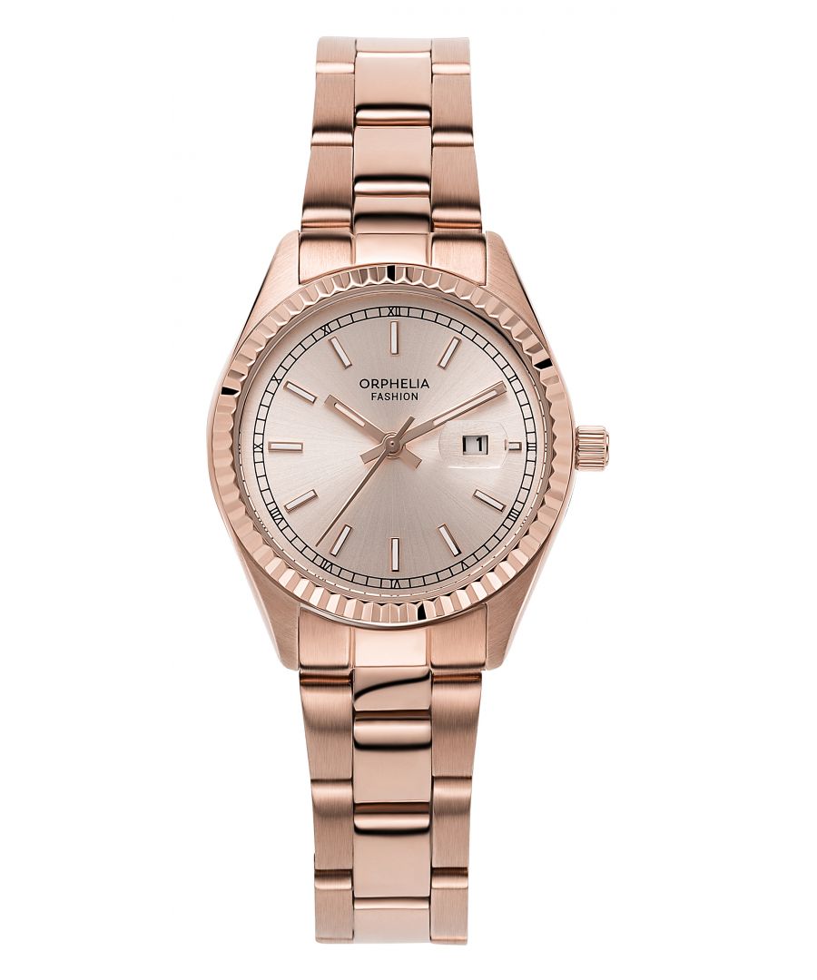This Orphelia Fashion Descent Analogue Watch for Women is the perfect timepiece to wear or to gift. It's Rose Gold 32 mm Round case combined with the comfortable Rose Gold Stainless steel watch band will ensure you enjoy this stunning timepiece without any compromise. Operated by a high quality Quartz movement and water resistant to 5 bars, your watch will keep ticking. FEMININE STYLE: This ORPHELIA Descent Analogue watch with a Miyota Japanese Quartz movement includes a Date display, with a beautiful dial. This watch is perfect for every occasion. PREMIUM QUALITY: By using high-quality materials  Glass: Mineral Glass Case material: Stainless steel Bracelet material: Stainless steel- Water resistant: 5 bars COMPACT SIZE: Case diameter: 32 mm  Height: 9 mm  Strap- Length: 21 cm  Width: 15 mm. Due to this practical handy size  the watch is absolutely for everyday use-Weight: 70 g