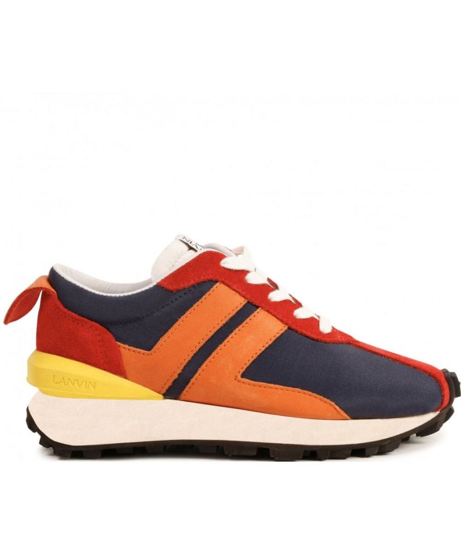 This Lanvin Trainer is crafted from70% textile and 30% leather. The Trainer consists of a navy/orange/red/yellow/white colour-way, lining and insole in leather, lace closure, black tab with embossed logo, Lanvin label on tongue and the outsole in EVA and rubber.