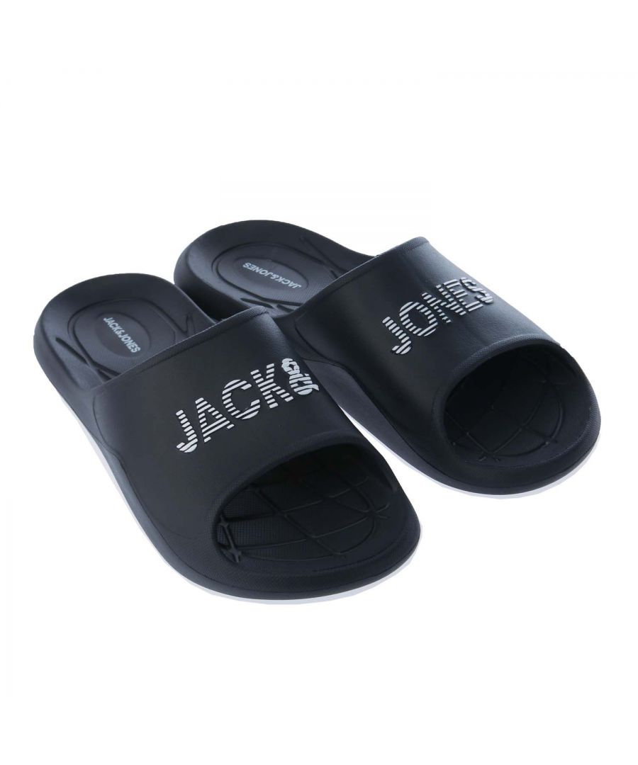 Mens Jack Jones Garrix Moulded Slider in black.- Synthetic upper.- Slip on closure.- Moulded footbed.- Embossed branding.- Textile upper  Synthetic lining and sole.- Ref: 12204005