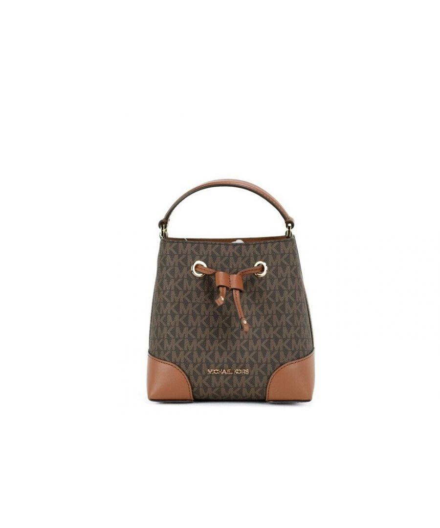 Style: Mercer Small Bucket Drawstring Handbag (Brown Signature)\n \nMaterial: Signature PVC with Smooth Leather Handle/Drawstring\n \nFeatures: Front MK Logo Plate Accent, Drawstring Closure, Adjustable/Detachable Crossbody Strap\n \nMeasures: 17.78 cm H x 19.05 cm W x 10.16 cm D